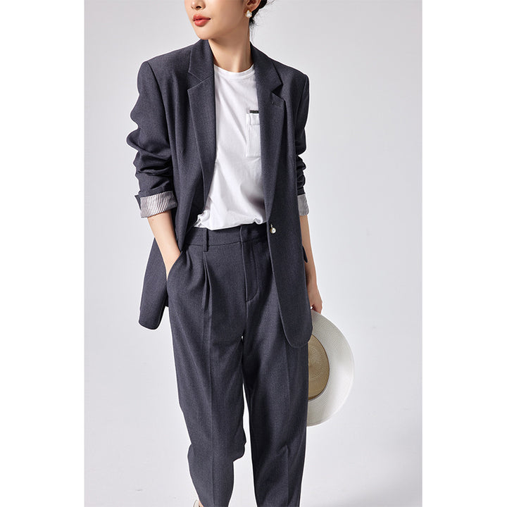 Women Casual Tailoring Set with Longline Blazer and High-Waisted Pleated Pants Mune Fashion
