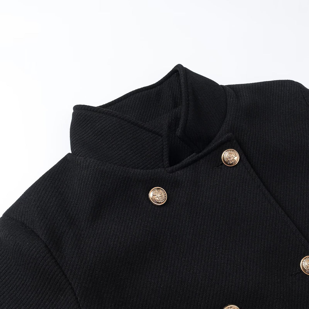 Women long double-breasted wool coat with stand-up collar and golden decorative buttons Mune Fashion