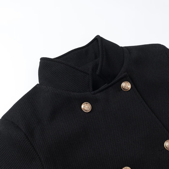 Women long double-breasted wool coat with stand-up collar and golden decorative buttons Mune Fashion