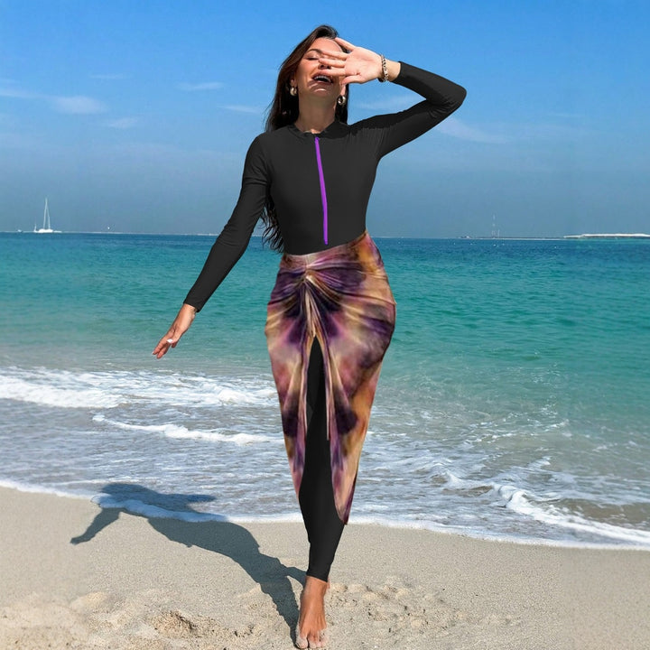 Women's fashionable long-sleeve swimsuit with elegant wrap skirt Mune Fashion