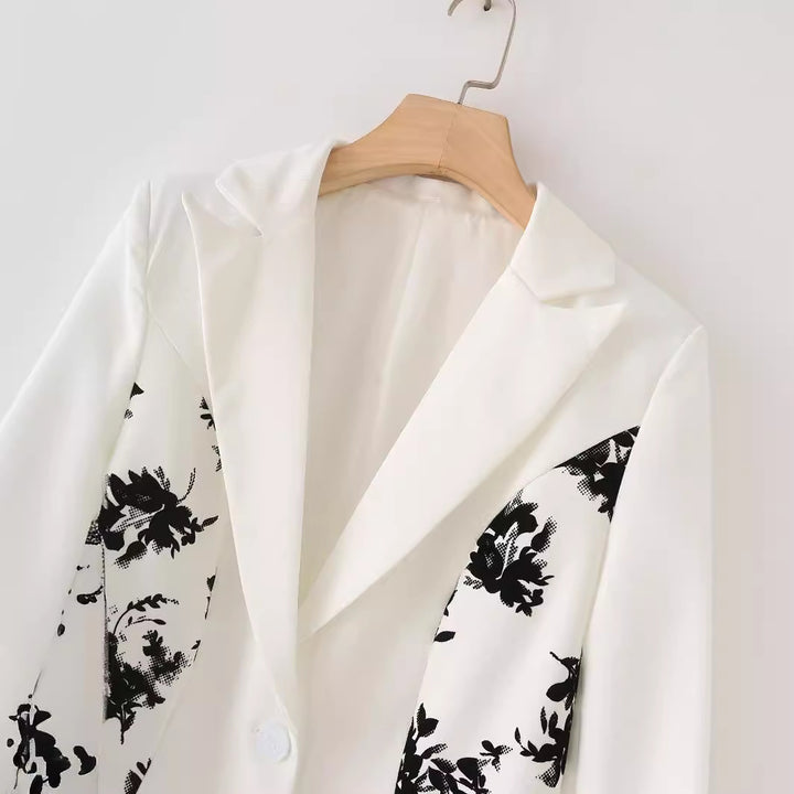 Women's tailored single-breasted blazer with contrasting floral side panels and softly flowing silhouette Mune Fashion