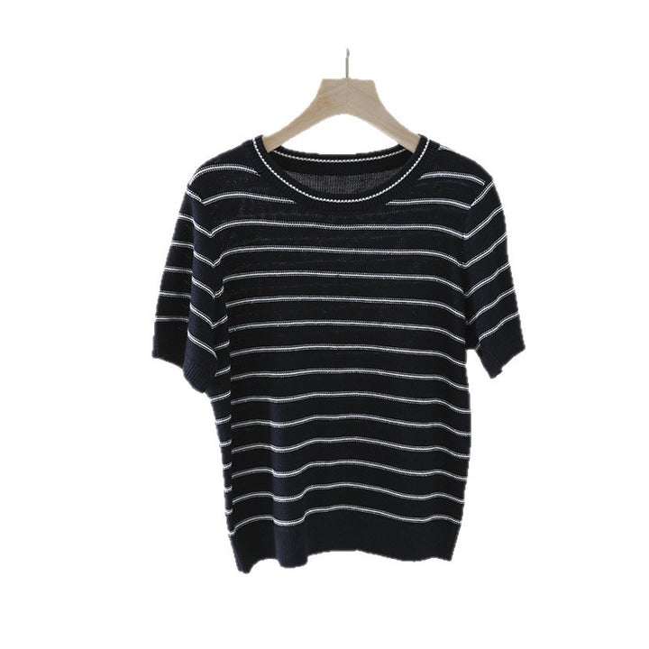 Women Short Sleeve Fine Knit Sweater with Maritime Stripes Mune Fashion