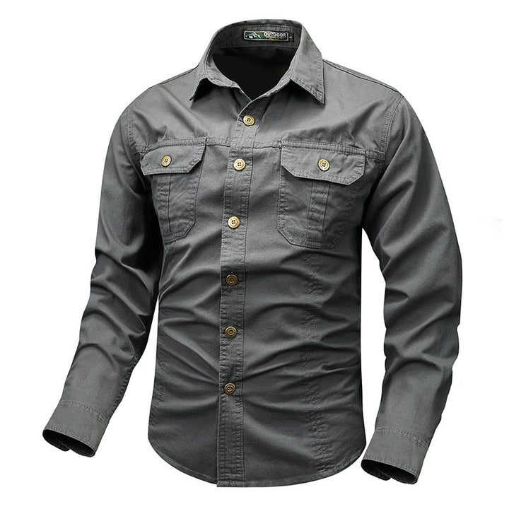 Men's rugged canvas shirt with double breast pockets and continuous button placket