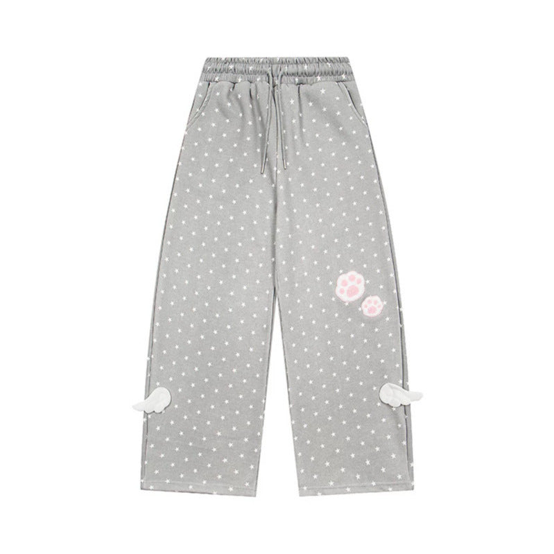 Women’s Relaxed Lounge Pants with Elastic Waistband, Allover Star Print and Paw Print Application Mune Fashion