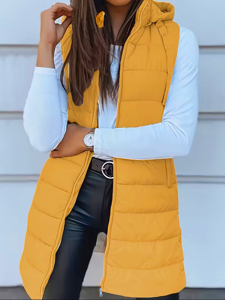 Ladies nan long quilted hooded vest with two-way zipper and side pockets Mune Fashion