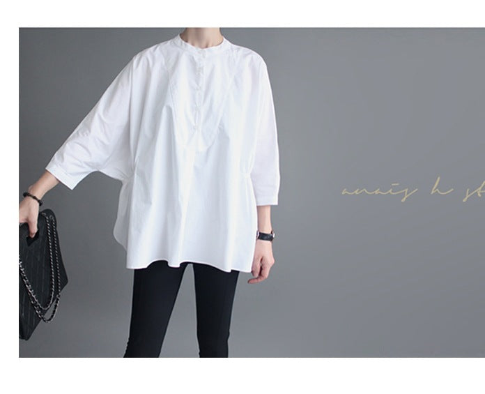 Women's oversized blouse with stand collar, balloon-shaped silhouette, and 3/4 sleeves Mune Fashion