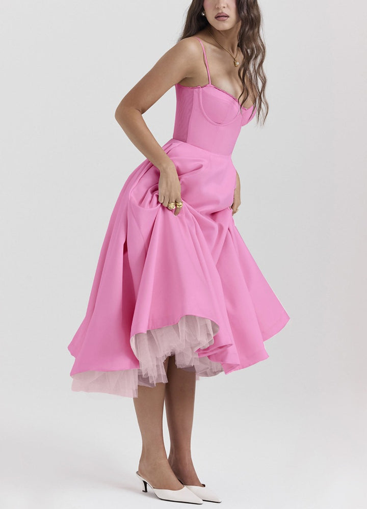 Women's tailored retro-inspired midi dress with corset underbust seams, flared skirt, and side pockets Mune Fashion