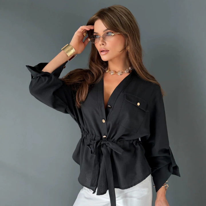 Women Tailored Shirt Blouse with Drawstring, V-Neck and Gold Buttons Mune Fashion