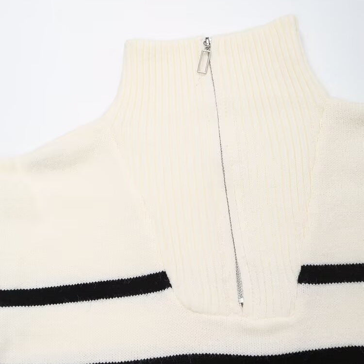 Women's Striped Knit Sweater with High Turtleneck and Half Zipper Mune Fashion