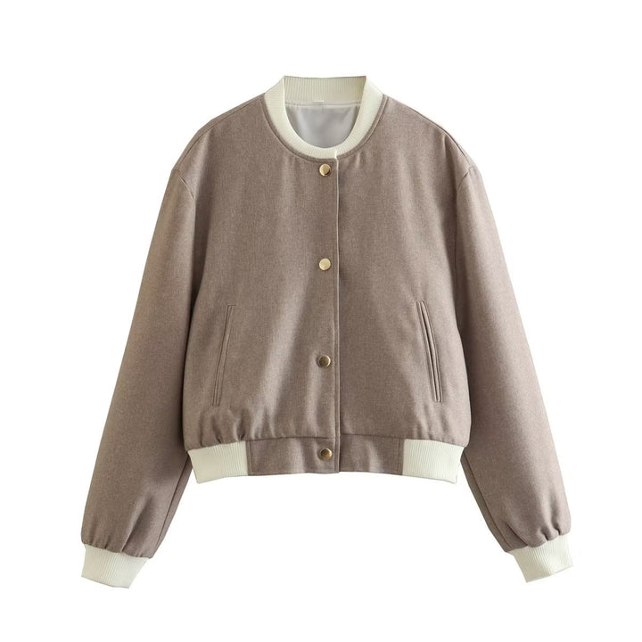 Women's Short Jacket in College Bomber Style with Concealed Snap Button Placket and Contrasting Ribbed Cuffs Mune Fashion