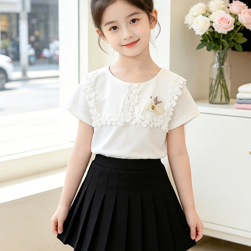 Girls T-Shirt with floral crochet appliqués Mune Fashion
