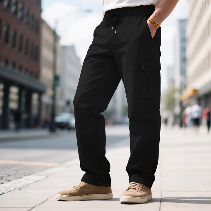 Men's urban utilitarian cargo pants with elastic comfort waistband, drawstring, and secure flap pockets Mune Fashion
