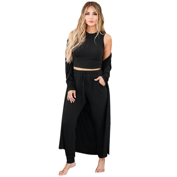 Women's Three-Piece Lounge Set made of soft viscose blend with long cardigan, crop top, and jogger pants Mune Fashion