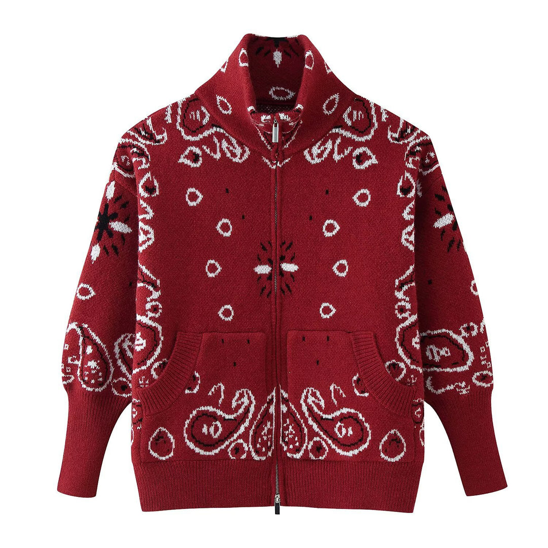 Women 40+ patterned cardigan with zipper and stand-up collar Mune Fashion