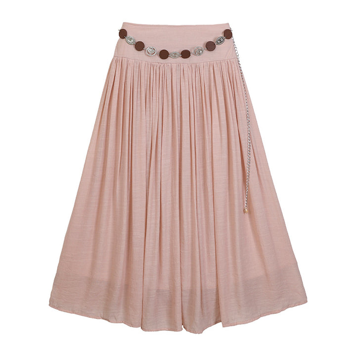 Women's maxi skirt with gathered waist, flowing flared shape and decorative coin belt Mune Fashion