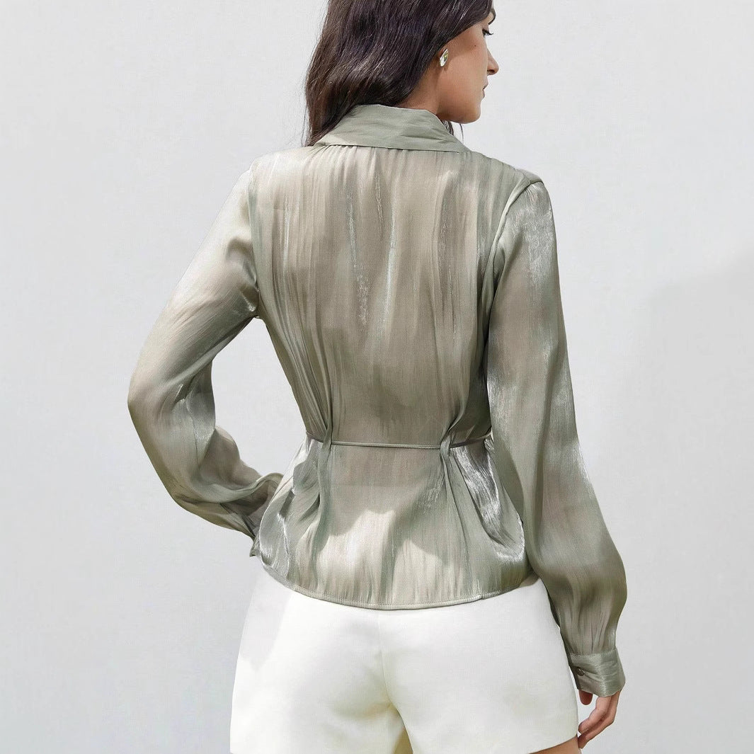 Ladies Satin Finish Tailored Blouse with Drawstring Mune Fashion