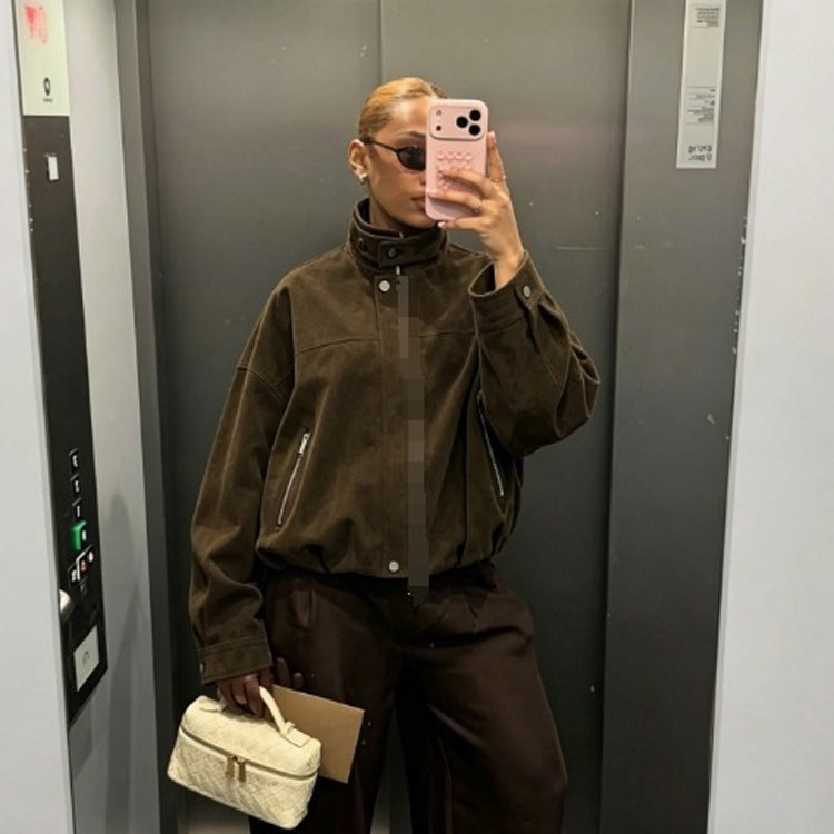 Women's Boxy Suede Bomber Jacket with High Stand Collar and Elastic Hem Mune Fashion
