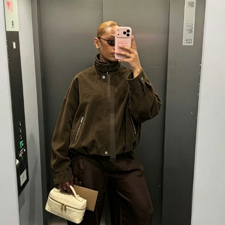 Women's Boxy Suede Bomber Jacket with High Stand Collar and Elastic Hem Mune Fashion