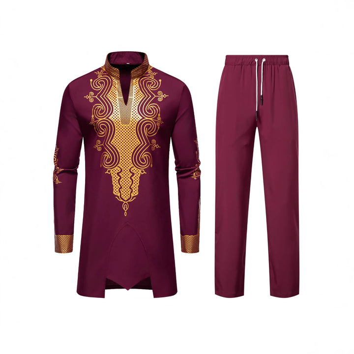 Men's Traditional Embroidered Tunic Set with Mandarin Collar and Elastic Pants Mune Fashion