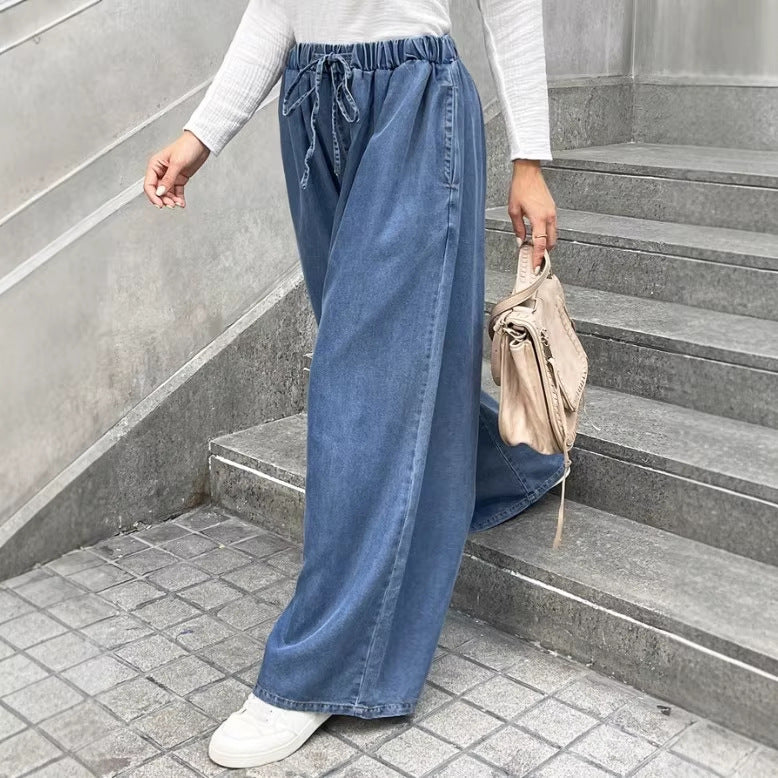 Women's Relaxed Palazzo Jeans with Drawstring Waist, Side Pockets and Extra Wide Leg Mune Fashion