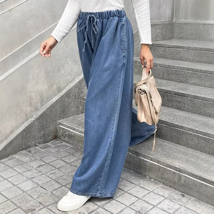 Women's Relaxed Palazzo Jeans with Drawstring Waist, Side Pockets and Extra Wide Leg Mune Fashion