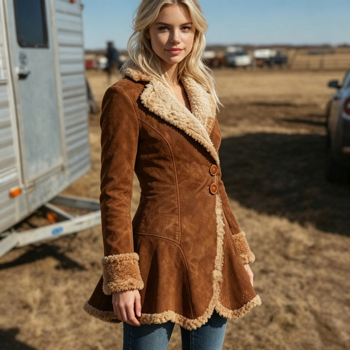 Women's tailored lambskin imitation coat with flared hem, double button closure and contrast sherpa trim Mune Fashion