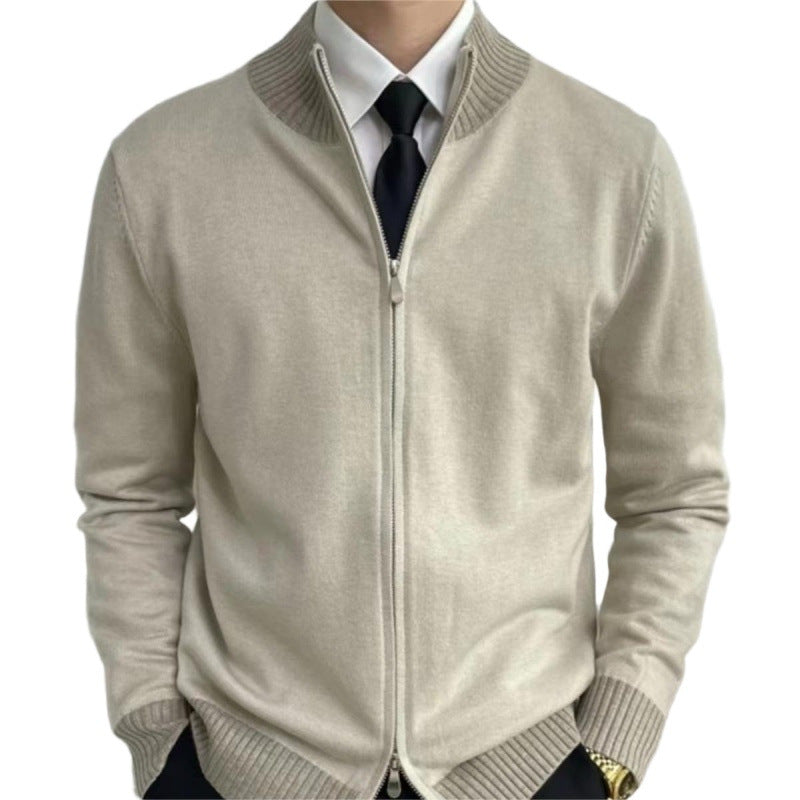 Men's zip fine knit cardigan with standing collar and ribbed hem Mune Fashion