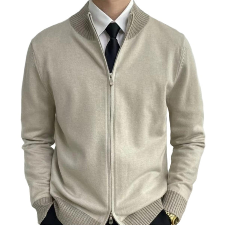 Men's zip fine knit cardigan with standing collar and ribbed hem Mune Fashion