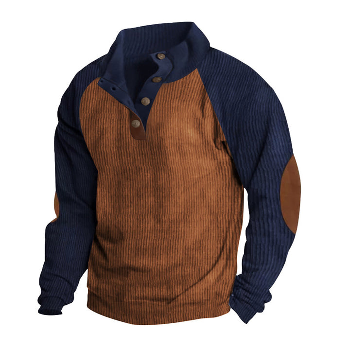 Men's corduroy half-button pullover with high collar, raglan sleeves and elbow patches Mune Fashion