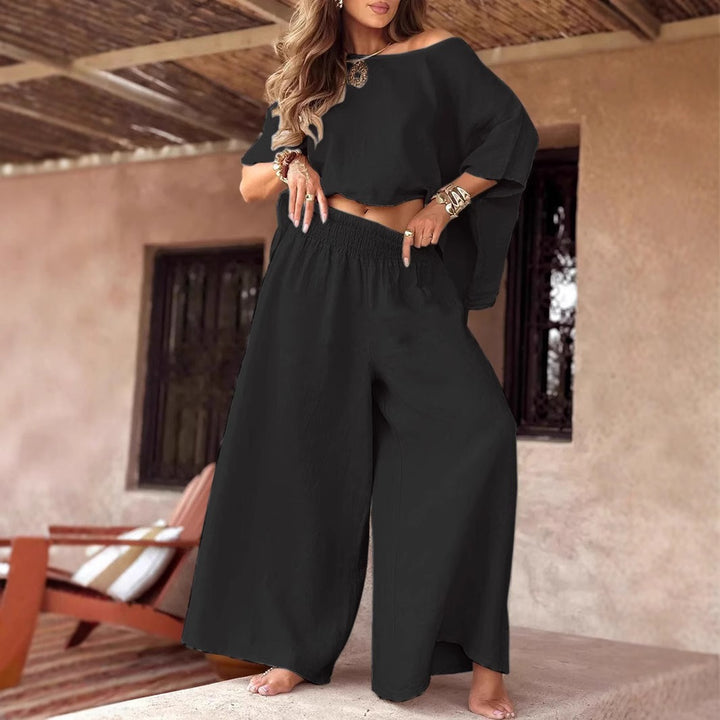 Women's Lightweight Linen Two-Piece with Cropped Oversized Top and Smocked Waist Palazzo Pants Mune Fashion
