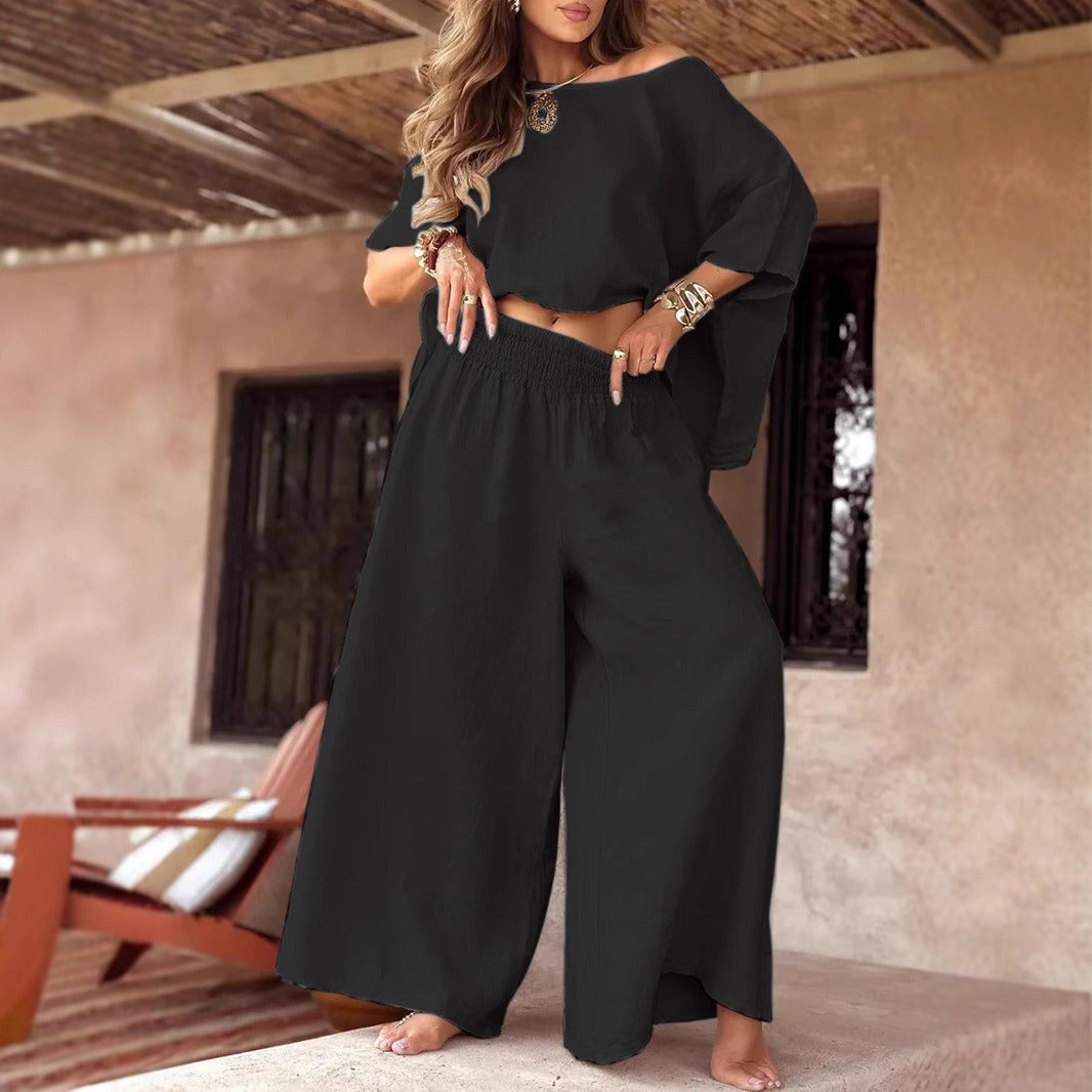 Women's Linen Set with Cropped Oversize Top and High Elastic Waist Palazzo Pants Mune Fashion
