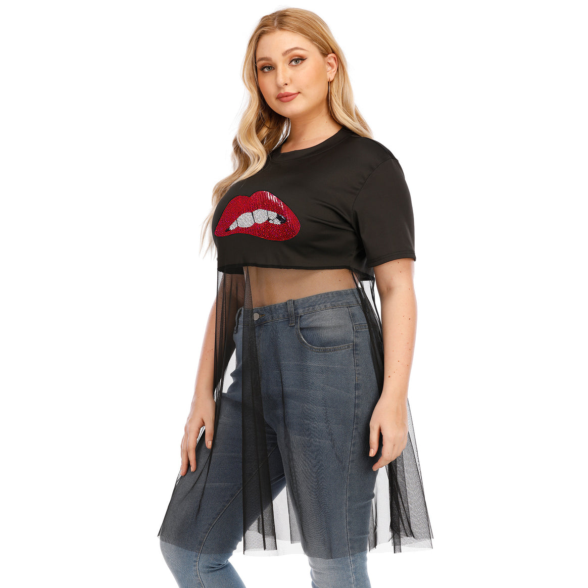 Women's fashionable crop top with transparent overlay and glitter trim Mune Fashion