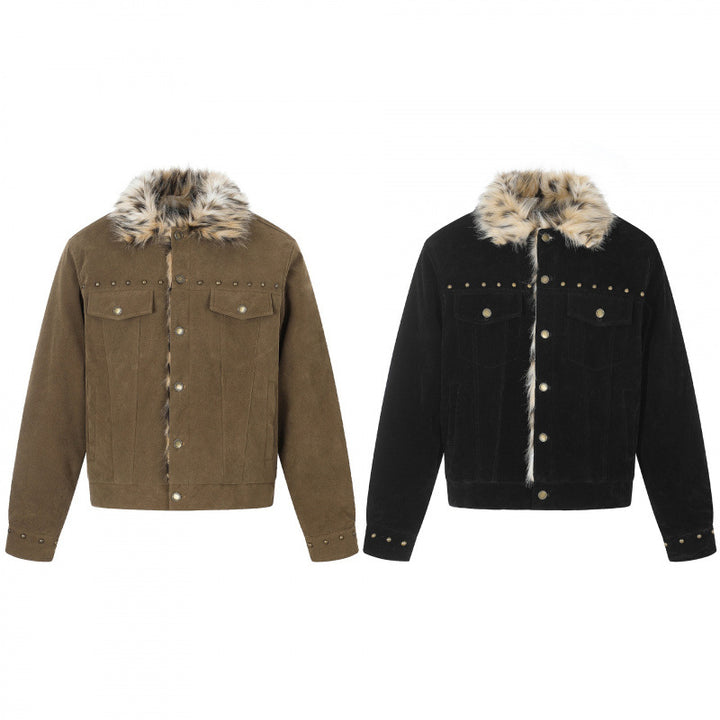Men's short jacket made of suede leather imitation with faux fur collar and stud details Mune Fashion