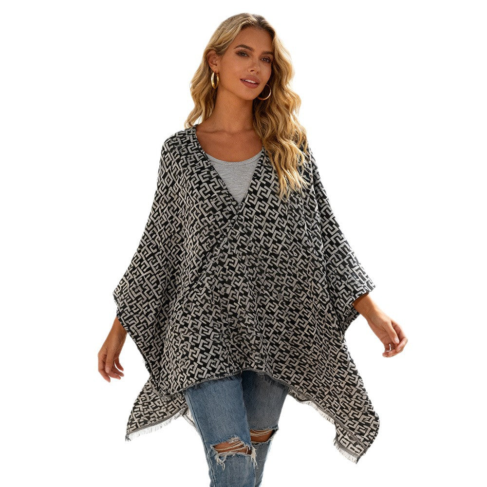 Women's Open Jacquard Poncho in Kimono Cut with Geometric Allover Pattern Mune Fashion