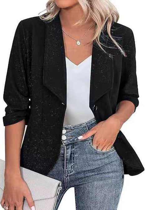 Women's Elegant Glitter Blazer with Waterfall Lapel, Tailored Fit and 3/4 Sleeves Mune Fashion