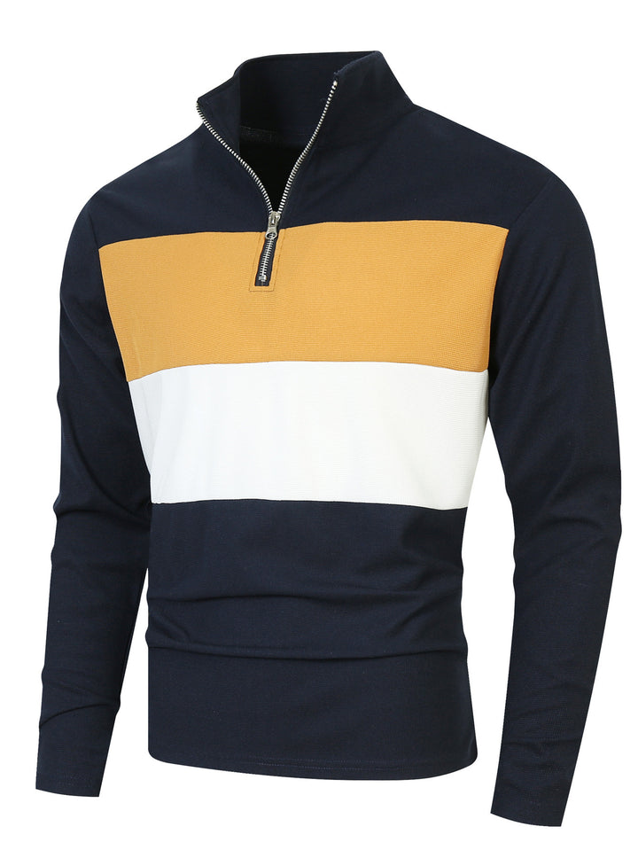 Men's half-zip pullover with stand-up collar, wide block stripe, and finely ribbed texture Mune Fashion