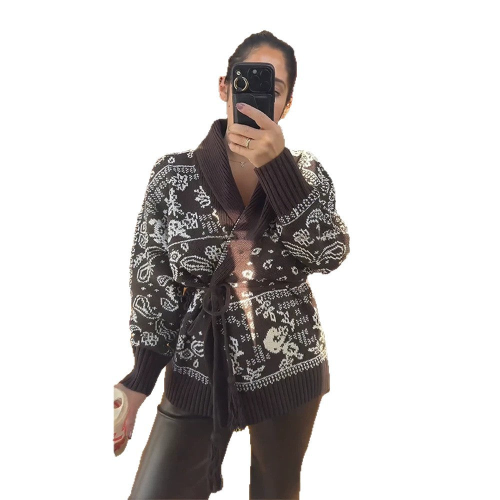 Women's knitted cardigan with shawl collar, Fair Isle pattern and tie belt Mune Fashion