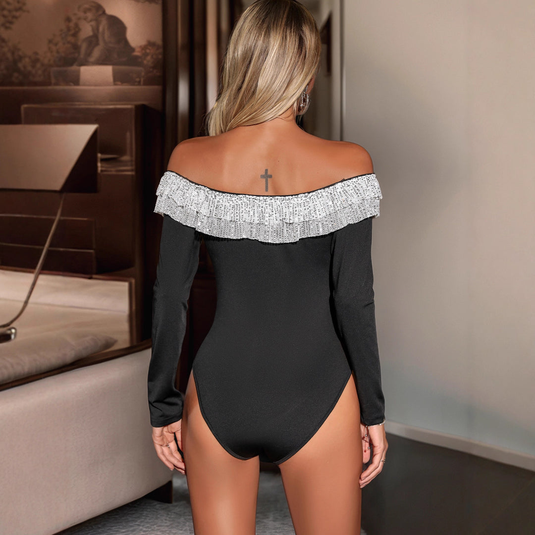 Women's Off-Shoulder Bodysuit with Sequin Ruffle and Long Sleeve Mune Fashion