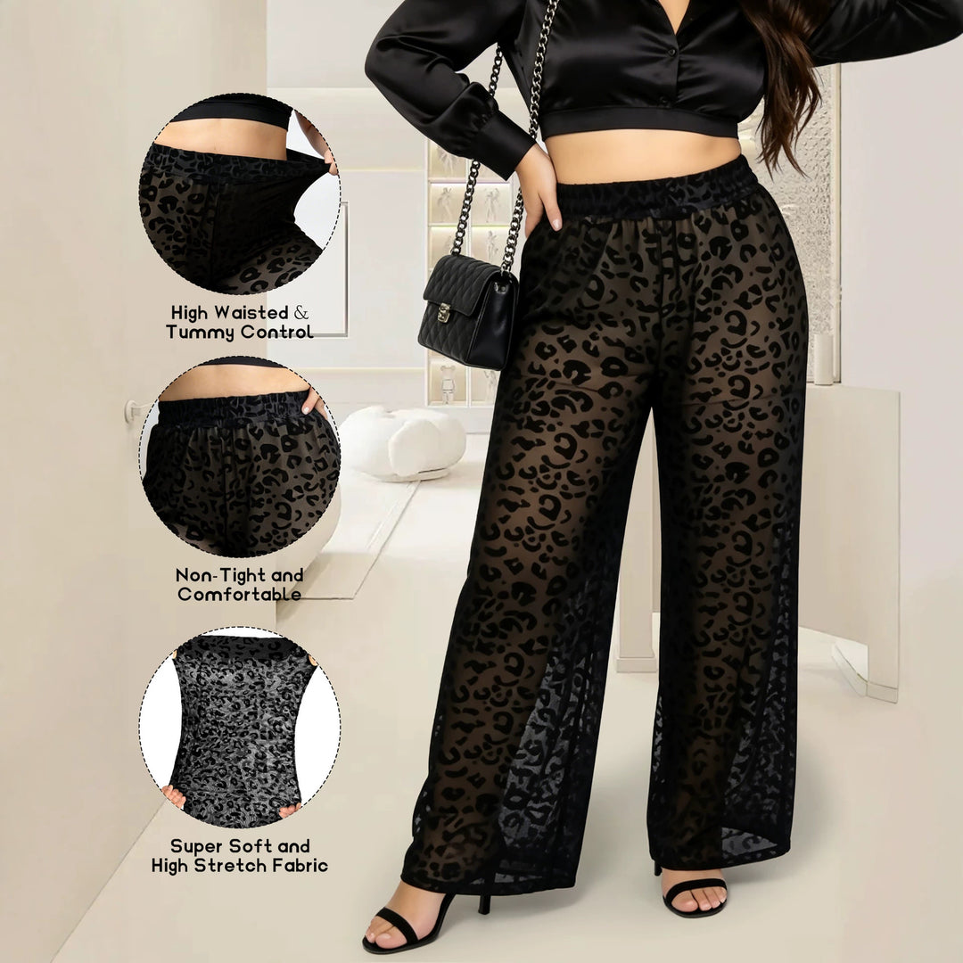Ladies high-waisted wide-cut chiffon pants with leopard print and tummy control Mune Fashion
