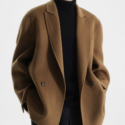 Men's Boxy Wool Blend Short Coat with Double Button and Notched Lapel Mune Fashion