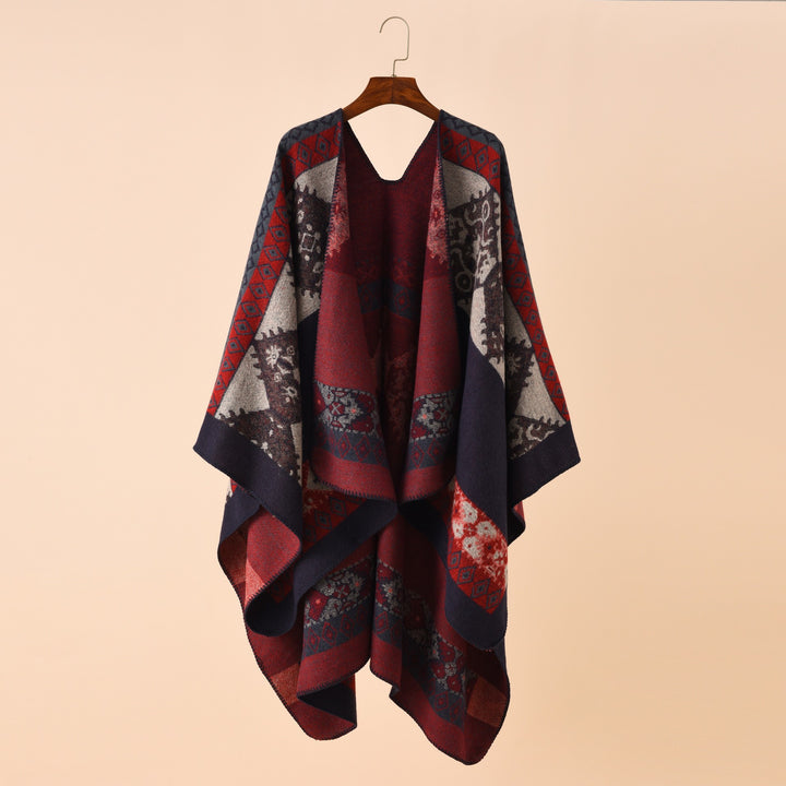 Women's jacquard poncho in blanket style with open front and decorative stitch Mune Fashion