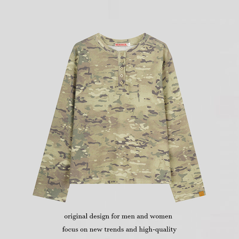 Women's Long Sleeve Henley Shirt in Waffle Knit with Military Camouflage Print and Button Placket Mune Fashion