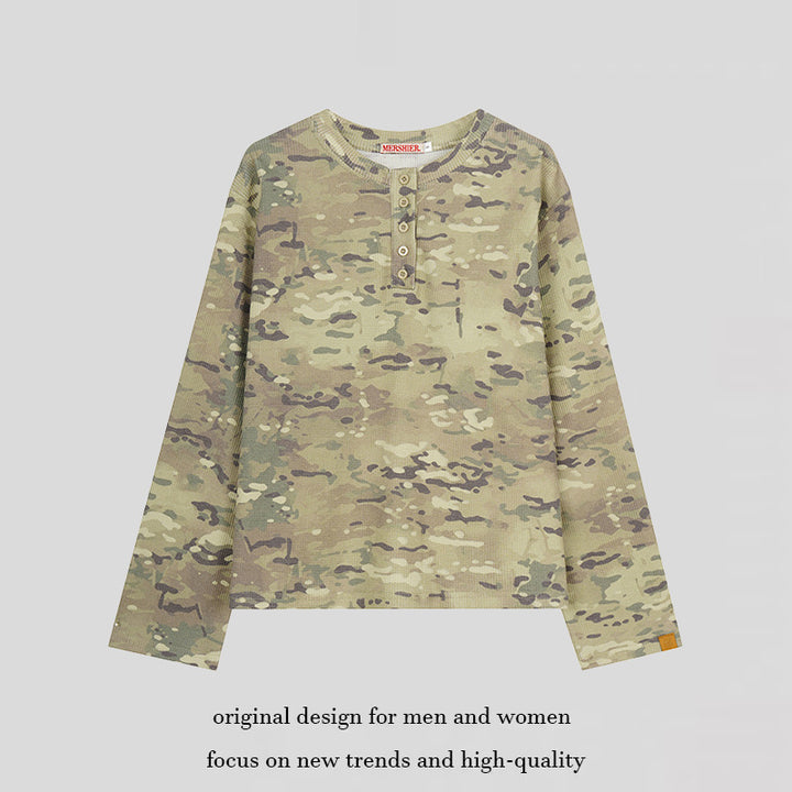 Women's Long Sleeve Henley Shirt in Waffle Knit with Military Camouflage Print and Button Placket Mune Fashion