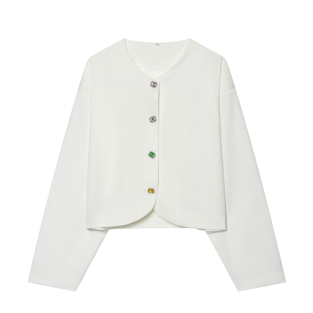 Women's short blazer without collar with decorative buttons and short cropped cut Mune Fashion