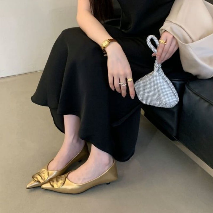 Women's pointed metallic slippers with discreet wedge heel and applied decorative vamp Mune Fashion