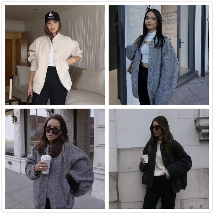 Women's Oversize Fleece Jacket with Stand-Up Collar, Patch Front Pockets, and Elastic Hem Mune Fashion