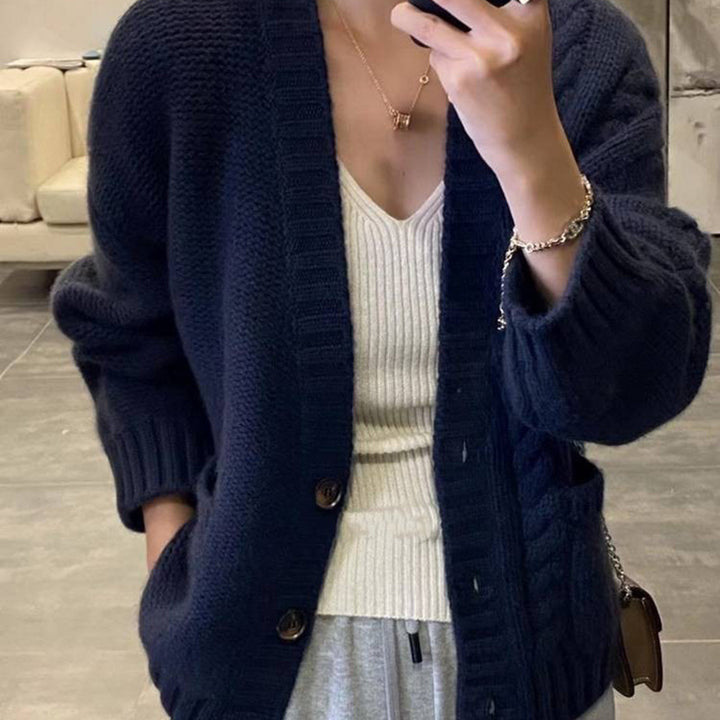 Women's Oversized Knit Cardigan with Cable Detail, Front Pockets and Button Placket Mune Fashion
