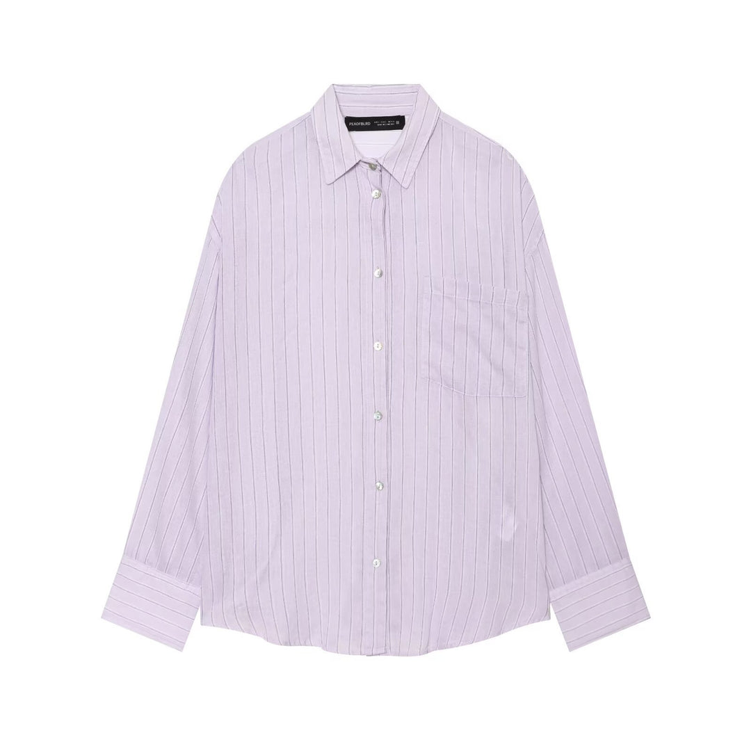Women's Oversized Shirt Blouse with Vertical Pinstripes and Chest Pocket Mune Fashion
