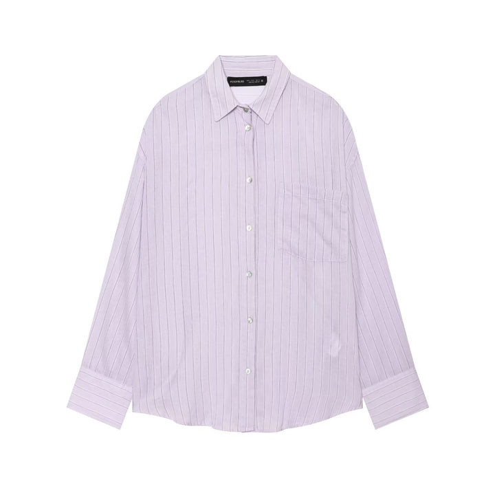 Women's Oversized Shirt Blouse with Vertical Pinstripes and Chest Pocket Mune Fashion