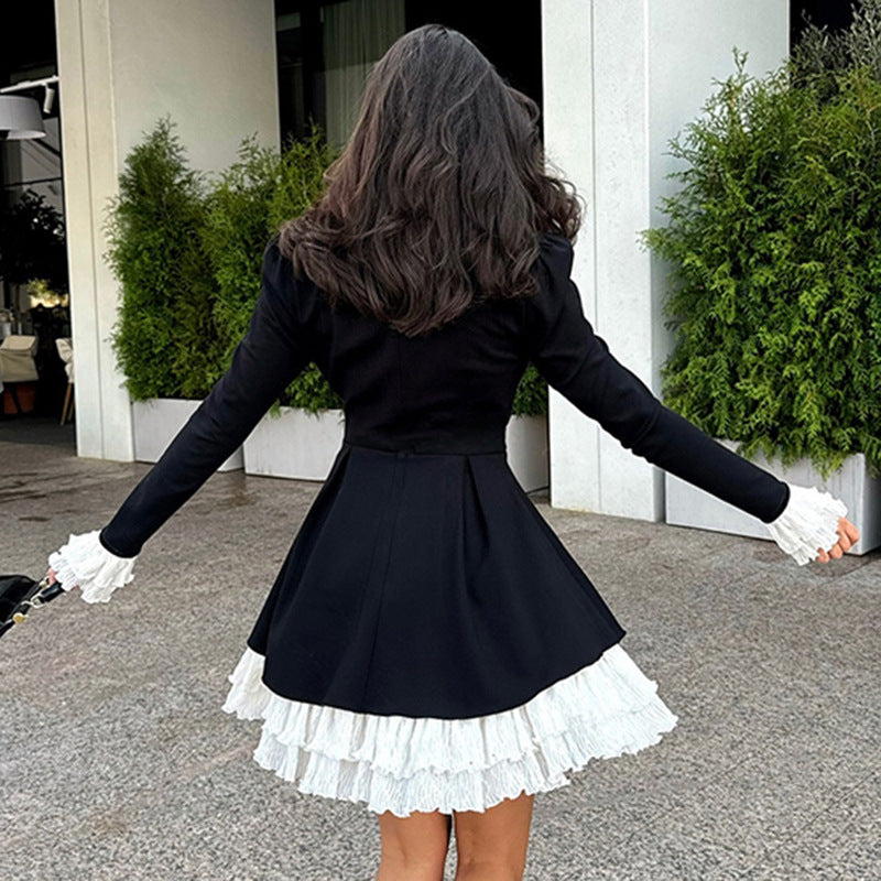 Women’s Victorian Ruffled Dress with Stand Collar, Gathered Ruffle and Multi-Layered Pleated Underskirt Mune Fashion